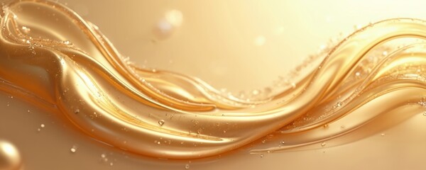 Poster - Abstract illustration of liquid with golden swirls, creating soft flowing pattern with light. Beautiful silk, satin fabric texture with drops and shiny, smooth surface. For luxury design projects.