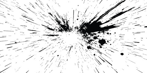 Poster - Abstract explosion, radial burst of ink splatter effect. isolated on white background. Black ink splatter creates abstract background with dynamic energy.