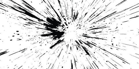 Poster - Abstract explosion, radial burst of ink splatter effect. isolated on white background. Black ink splatter creates abstract background with dynamic energy.