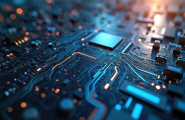Leinwandbilder - Close up futuristic circuit board with glowing lights complex patterns. Electronic technology, advanced microchip datum. Cyber network processor element. High-tech hardware design.