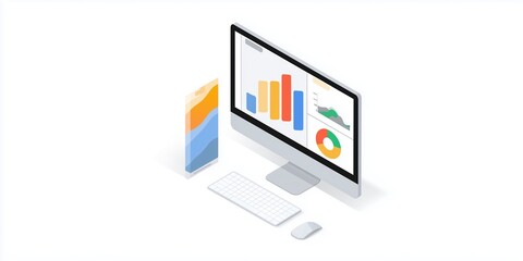 Fototapete - Modern workspace featuring a computer monitor displaying colorful graphs and charts alongside a smartphone, illustrating data analysis and digital productivity in a clean environment