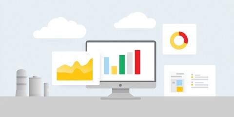 Fototapete - Computer monitor displaying colorful graphs and charts, with images and data visualizations, surrounded by clouds and industrial elements, representing digital analytics and business insights