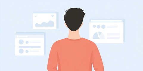 Fototapete - Young man with dark hair is observing digital analytics on multiple screens, showcasing data visualization and user engagement metrics in a modern workspace environment