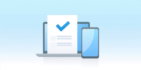 Fototapete - Digital devices including laptop and smartphone displaying a checklist document with a blue background, illustrating modern technology and productivity in a professional setting
