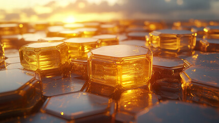 Poster - Golden hexagonal structures reflecting sunlight create mesmerizing scene at sunset
