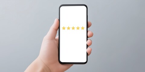 Fototapete - Hand holding smartphone mock up with blank screen and five golden stars displayed, representing user feedback and rating in a modern digital environment