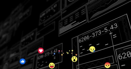 Poster - Tiny dots flickering sparking social icons drifting right over wireframe panels showing metrics