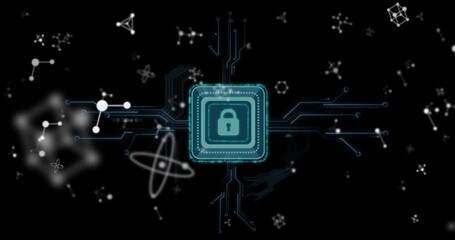 Poster - Chip starting glowing padlock pulsing sending flickering circuits drifting cluster for secure net
