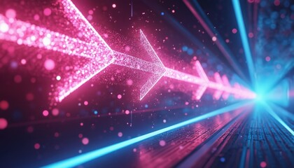 Leinwandbilder - Futuristic abstract background with glowing particles, arrows design. Neon pink and blue lights, 3d rendering of hi-tech. Tech and digital concept art wallpaper, data flow.