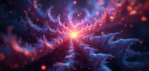 Leinwandbilder - Abstract 3D illustration featuring fractal light background. Blue purple color palette. Futuristic design, digital art with glowing energy wave, modern template for web design.