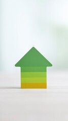 Poster - Green paper cutout in the shape of a house, featuring layered colors, stands on a light surface, symbolizing home, growth, and sustainability in a minimalist setting