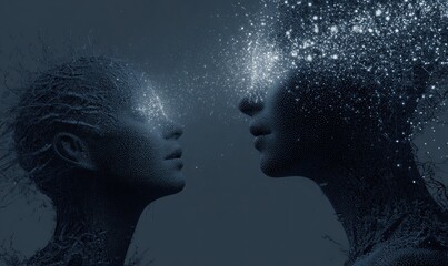 Poster - Conceptual art of two figures connecting with cosmic energy in dark setting