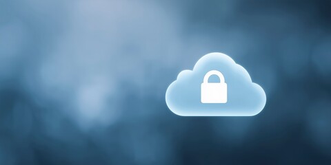 Fototapete - Cloud storage icon featuring a padlock symbolizing data security and privacy, set against a blurred blue background, representing digital protection and technology innovation