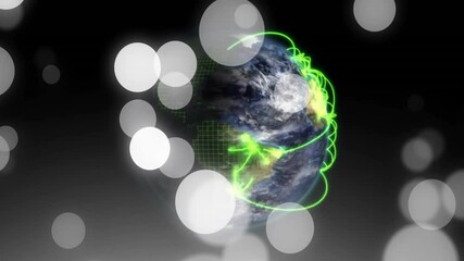 Poster - Floating orbs initiating globe rotating neon green arcs emerging linking continents mapping network