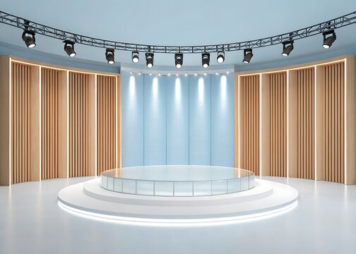 Futuristic stage mockup in minimal style, circular transparent platform in center