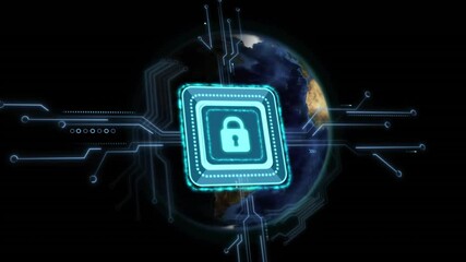 Poster - Opening teal microchip bearing padlock, circuits pulsing and Earth rotating emphasizing security