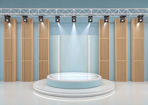 Futuristic stage mockup in minimal style, circular transparent platform in center