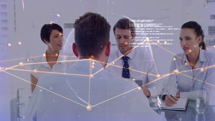 Poster - Business presenter gesturing while activating network map illustrating data flow as team noting
