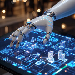 Poster - View of Cyborg hand holding Smart city user interface with icon, stats and data 3d rendering