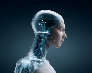 Poster - Cybernetic humanoid with transparent skin revealing glowing circuits beneath, futuristic tech-enhanced anatomy, deep sci-fi atmosphere, cinematic lighting, ultra-detailed