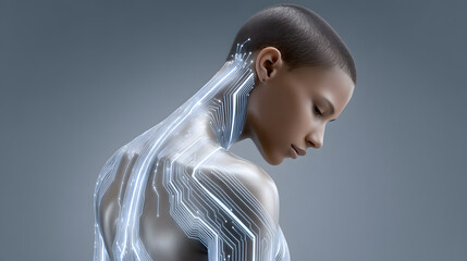 Poster - A futuristic cybernetic humanoid with glowing neon circuitry, biomechanical limbs, and a digitalized face, intricate technological details, cinematic lighting, sci-fi aesthetic, high-resolution,