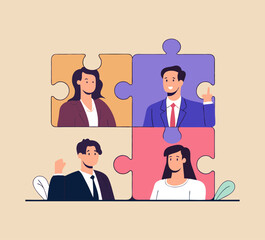 Poster - Four diverse professionals, depicted as puzzle pieces fitting together, collaborate on a shared project, symbolizing teamwork and synergy