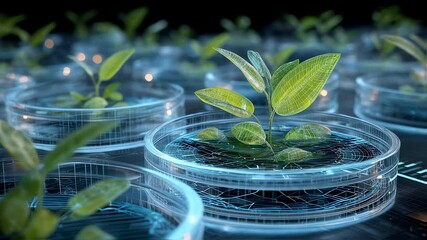 Poster - Laboratories are developing innovative techniques for growing plants in petri dishes, enhancing agricultural practices with futuristic holographic projections