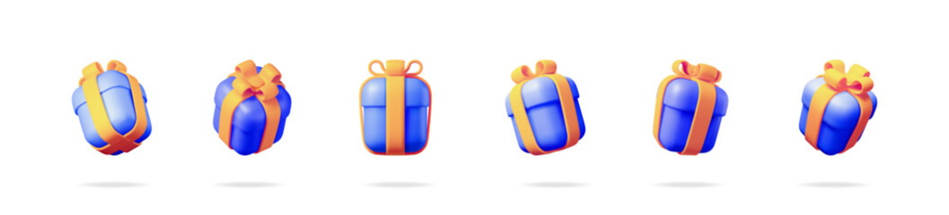 Poster - Collection of blue gift boxes with orange ribbons. Set of 3d vector holiday present illustrations for celebration.