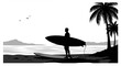 © Vector Studio - a silhouette of a man holding a surfboard on a beach, surf
