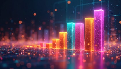 Poster - Vibrant digital graph displaying data trends. Colorful bars glowing against dark background. Business, finance, tech, analytics concepts. Ideal for presentations, reports, website design.