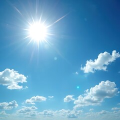 bright sun shines in blue sky. white fluffy clouds float across clear blue sky, creating picturesque