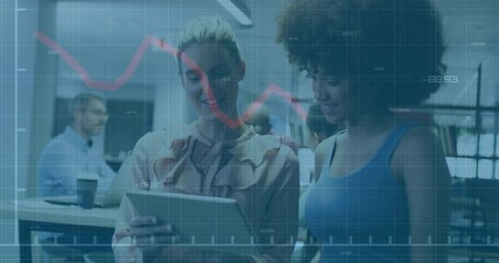 Poster - Two businesswomen touching tablet screen and tracking fading red line graph animating sales data