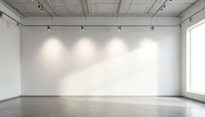 Poster - Empty gallery space with white walls, concrete floor. Track lighting illuminates blank wall. Modern interior, minimalist design concept. Ideal for art presentation, exhibition, museum.