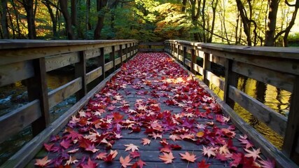 Aufkleber - Autumn bridge tranquility with vibrant red leaves covering wooden path forest, sunlight filters through colorful trees