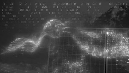 Poster - Binary data wave rising from left grid, undulating toward right edge to visualize digital data flow