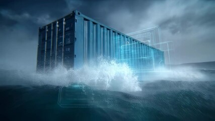 Aufkleber - Advanced autonomous technology guiding shipping container through stormy seas, displaying real time navigation data via holographic projections ensuring safe maritime passage