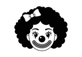 A black and white cartoon clown face with a bow in her hair and a round nose and a smiling mouth
