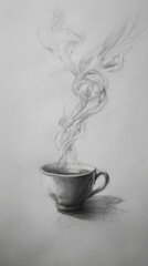 Poster - A grayscale drawing of a cup of coffee with steam rising against a light gray background image art