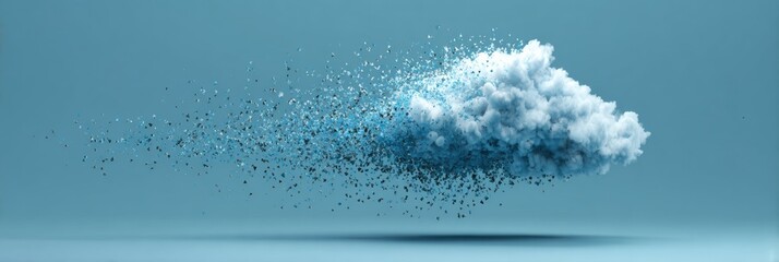 Poster - Cloud System Error Symbol Dissolving Into Particles, Depicting a Soft Upper Margin in a Blue-Hued Environment and Showcasing Movement and Abstraction