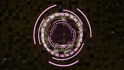 Poster - Fractal currents cracking into neon ring on left, rotating segments shifting showing energy charge