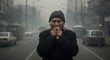 © Nadezhda - Elderly woman coughing while standing on a smoky street in winter