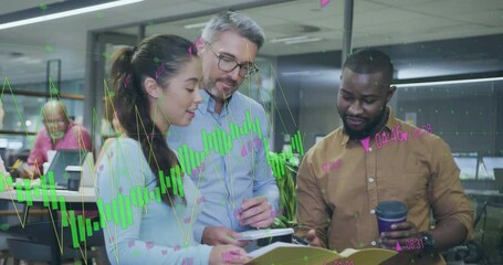 Poster - Woman flipping folder pages triggers team tapping tablets comparing with finance graphs animating