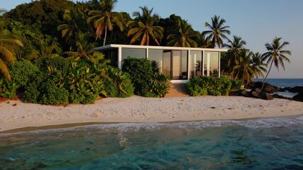 Poster - Modern island paradise tropical beach glass house with palm trees, ocean views, sand, and lush green serene vegetation