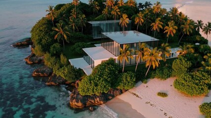 Poster - Modern island paradise tropical beach luxury villa with palm trees, ocean view, white sand, sunset light, glass architecture