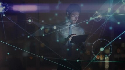 Poster - single man tapping tablet screen and exploring network data hologram in technology office