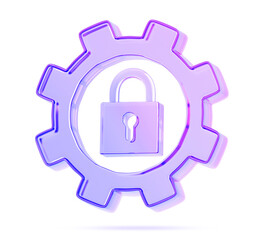 Poster - 3d glass holographic gear icon with padlock render. Privacy settings, computer or phone access security, digital data protection, verification system. Isolated gradient cog with lock. 3D illustration