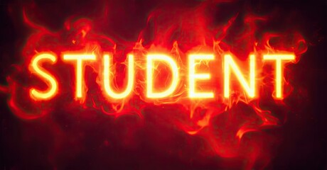 Aufkleber - Fiery text spells student. Bright orange glows against dark red background. Dramatic visual impact, intense energy radiates.