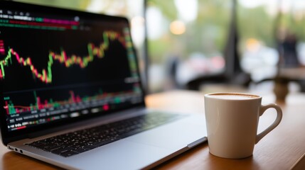 Poster - Stock market analysis takes place in a cafe setting with a coffee beside a laptop during early morning hours
