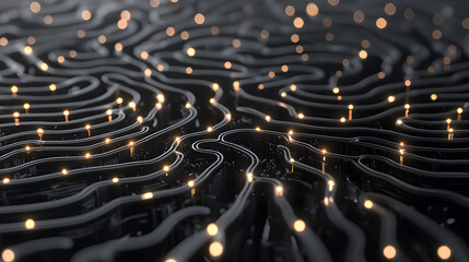 Fototapete - An abstract representation of interconnected lines and glowing dots on a dark surface, evoking a sense of digital networks and technology.