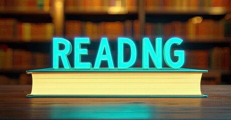 Poster - Bright neon word reading rests atop thick book. Bookshelves blur softly behind, creating warm study atmosphere. Light glows.